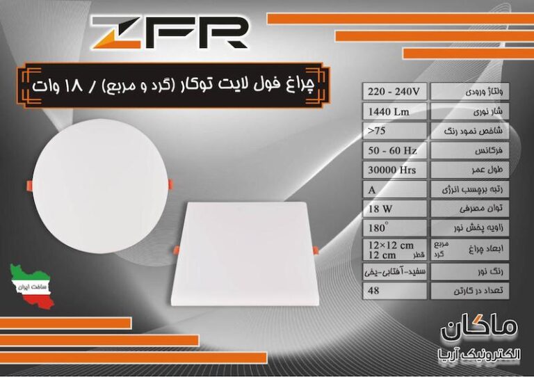 پنل توکار فول لایت 18 وات ZFR